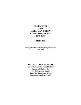 Allen Tate/Mark Van Doren Correspondence 1940-1977 with Photographs