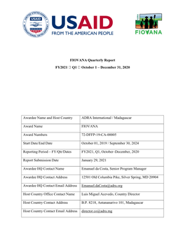 FIOVANA Quarterly Report FY2021 Q1 October 1 – December 31, 2020