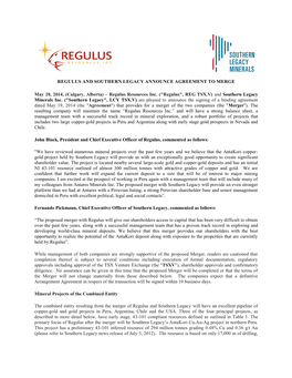 Regulus and Southern Legacy Announce Agreement to Merge