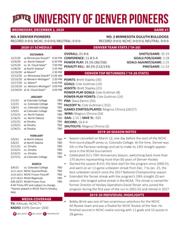 University of Denver Pioneers Wednesday, December 2, 2020 Game #1 No