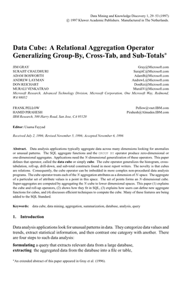 Data Cube: a Relational Aggregation Operator Generalizing Group-By, Cross-Tab, and Sub-Totals