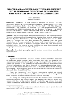 Western and Japanese Constitutional Thought in the Shaping of the Role of the Japanese Emperor in the 1889 and 1946 Constitutions°