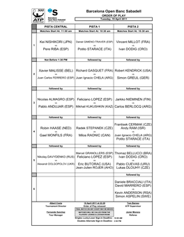 Barcelona Open Banc Sabadell ORDER of PLAY Tuesday, 19 April 2011