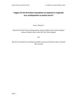 Triggers for the Formation of Porphyry Ore Deposits in Magmatic Arcs: Predisposition Or Perfect Storm?