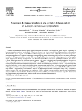 Cadmium Hyperaccumulation and Genetic Differentiation of Thlaspi Caerulescens Populations