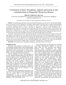 Perceptions, Impacts and Lessons at Risk Communication on Pangasinan Mysterious Disease