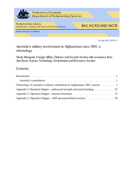 Australia's Military Involvement in Afghanistan Since 2001: a Chronology