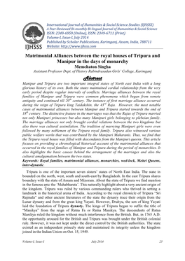 Matrimonial Alliances Between the Royal Houses of Tripura and Manipur in the Days of Monarchy Abstract