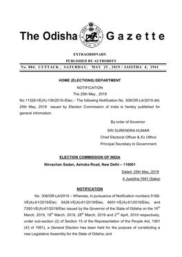 EXTRAORDINARY PUBLISHED by AUTHORITY No. 884, CUTTACK , SATURDAY, MAY 25 , 2019 / JAISTHA 4, 1941