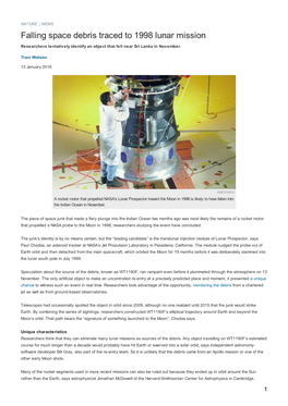 Falling Space Debris Traced to 1998 Lunar Mission Researchers Tentatively Identify an Object That Fell Near Sri Lanka in November