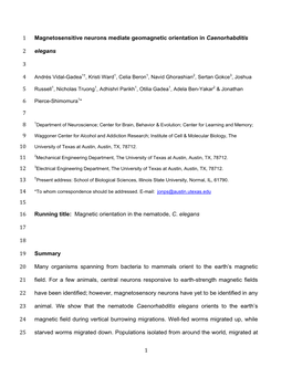 1 Magnetosensitive Neurons Mediate Geomagnetic Orientation in Caenorhabditis 1 Elegans 2 3 4 5 6 7 8 9 10 11 12 13 14 15 Running