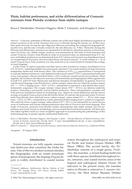 Diets, Habitat Preferences, and Niche Differentiation of Cenozoic Sirenians from Florida: Evidence from Stable Isotopes