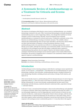 A Systematic Review of Autohemotherapy As a Treatment for Urticaria and Eczema