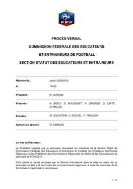 Procès-Verbal Commission Fédérale Des Éducateurs Et Entraineurs De Football Section Statut Des Éducateurs Et Entraineurs