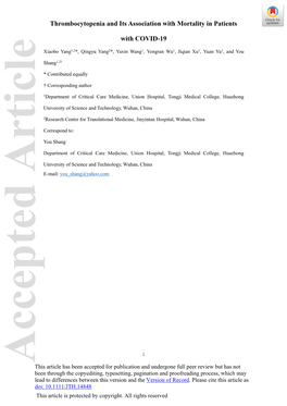 Thrombocytopenia and Its Association with Mortality in Patients With