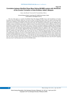 Correlation Between Modified Slope Mass Rating (M-SMR) System with Lithofacies of the Crocker Formation in Kota Kinabalu, Sabah, Malaysia