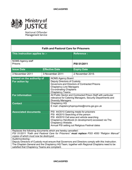 Prison Service Instruction (PSI 51/2011) Fatih and Pastoral Care For