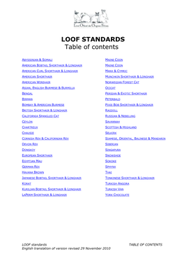 LOOF STANDARDS Table of Contents