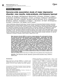 Genome-Wide Association Study of Major Depressive Disorder: New Results, Meta-Analysis, and Lessons Learned