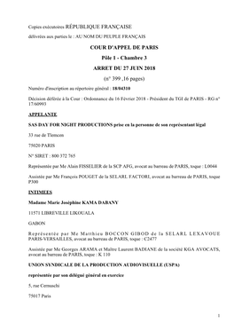 Chambre 3 ARRET DU 27 JUIN 2018 (N° 399 ,16 Pages) Numéro D'inscription Au Répertoire Général : 18/04310