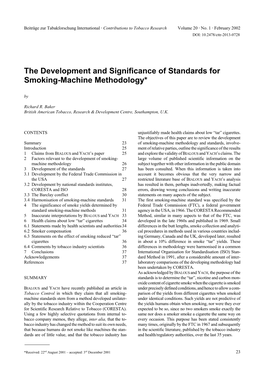 The Development and Significance of Standards for Smoking-Machine Methodology* By