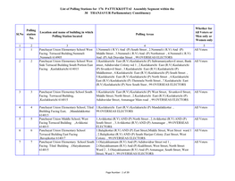 List of Polling Stations for 176 PATTUKKOTTAI Assembly Segment Within the 30 THANJAVUR Parliamentary Constituency