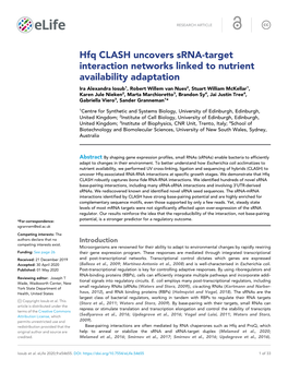 Hfq CLASH Uncovers Srna-Target Interaction Networks Linked to Nutrient Availability Adaptation