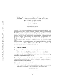 Wilson's Theorem Modulo P^ 2 Derived from Faulhaber Polynomials