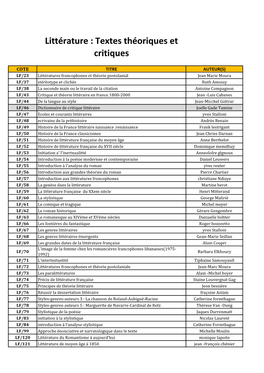 Littérature : Textes Théoriques Et Critiques