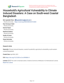 Household's Agricultural Vulnerability to Climate Induced Disasters in South-Western Coastal Bangladesh