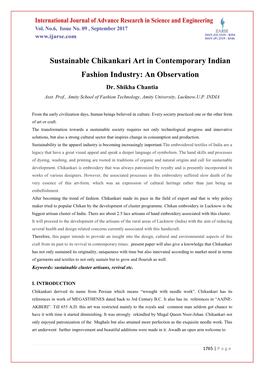 Sustainable Chikankari Art in Contemporary Indian Fashion Industry: an Observation Dr