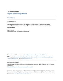 Interglacial Expansion of Alpine Glaciers in Garwood Valley, Antarctica