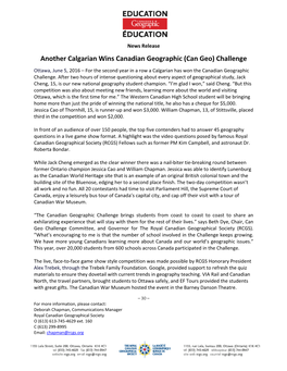 Another Calgarian Wins Canadian Geographic (Can Geo) Challenge