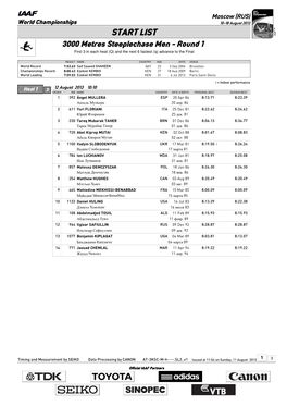 START LIST 3000 Metres Steeplechase Men - Round 1 First 3 in Each Heat (Q) and the Next 6 Fastest (Q) Advance to the Final