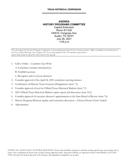 History Programs Meeting Agenda/Packet