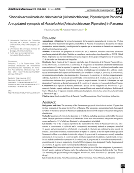 Sinopsis Actualizada De Aristolochia (Aristolochiaceae, Piperales) En Panamá an Updated Synopsis of Aristolochia (Aristolochiaceae, Piperales) in Panama