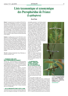 Liste Taxonomique Et Synonymique Des Pterophoridae De France (Lepidoptera)
