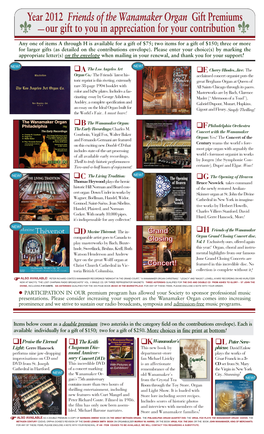 Year 2012 Friends of the Wanamaker Organ Gift Premiums -Our Gift to You in Appreciation for Your Contribution