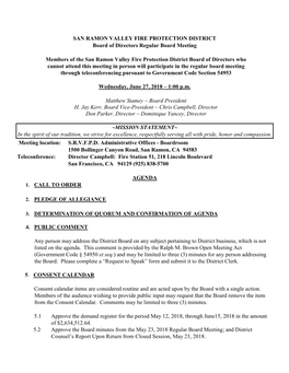 SAN RAMON VALLEY FIRE PROTECTION DISTRICT Board of Directors Regular Board Meeting