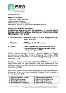 Projek Pembangunan Pdc: Gangguan Bekalan Air Berjadual Di Jalan Bukit Tambun, Seberang Perai Selatan Untuk Kerja-Kerja Pengalihan Paip 900Mm