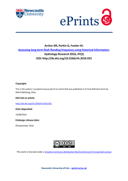Archer DR, Parkin G, Fowler HJ. Assessing Long Term Flash Flooding Frequency Using Historical Information
