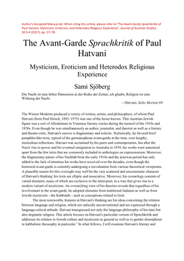 The Avant-Garde Sprachkritik of Paul Hatvani: Mysticism, Eroticism, and Heterodox Religious Experience’, Journal of Austrian Studies, 50:3-4 (2017), Pp