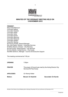 Minutes of the Ordinary Meeting Held on 5 November 2012