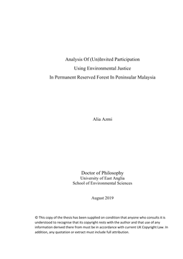 Analysis of (Un)Invited Participation Using Environmental Justice in Permanent Reserved Forest in Peninsular Malaysia