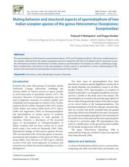 Mating Behavior and Structural Aspects of Spermatophore of Two Indian Scorpion Species of the Genus Heterometrus (Scorpiones: Scorpionidae)