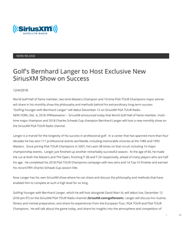 Golf's Bernhard Langer to Host Exclusive New Siriusxm Show on Success