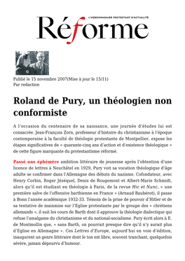 Roland De Pury, Un Théologien Non Conformiste