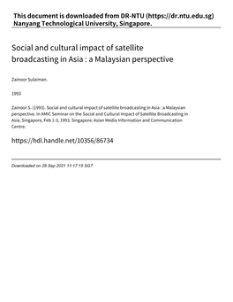 Social and Cultural Impact of Satellite Broadcasting in Asia : a Malaysian Perspective