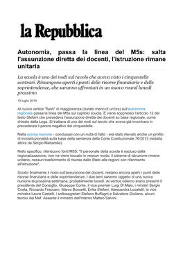 Autonomia, Passa La Linea Del M5s: Salta L'assunzione Diretta Dei Docenti, L'istruzione Rimane Unitaria