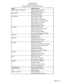 List of Churches Within the 32 Parishes Anglican Diocese of Central Newfoundland Page 1 of 3 Parish Parish Churches Badgers Quay